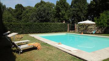 Seasonal outdoor pool, sun loungers