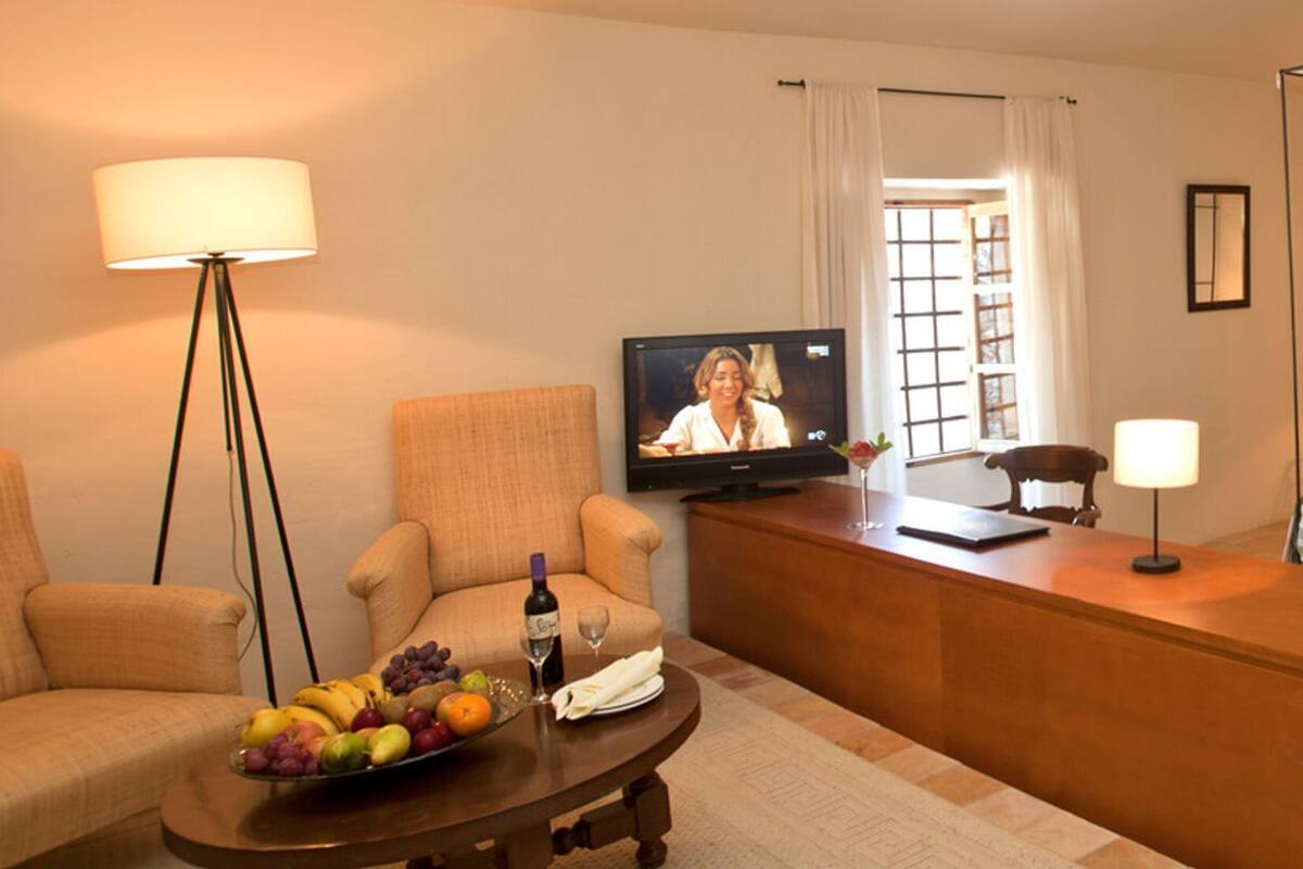 Ein Hotelzimmer mit Bett, Schreibtisch mit Fernseher, Sofa und Esstisch mit Obst und einer Flasche.