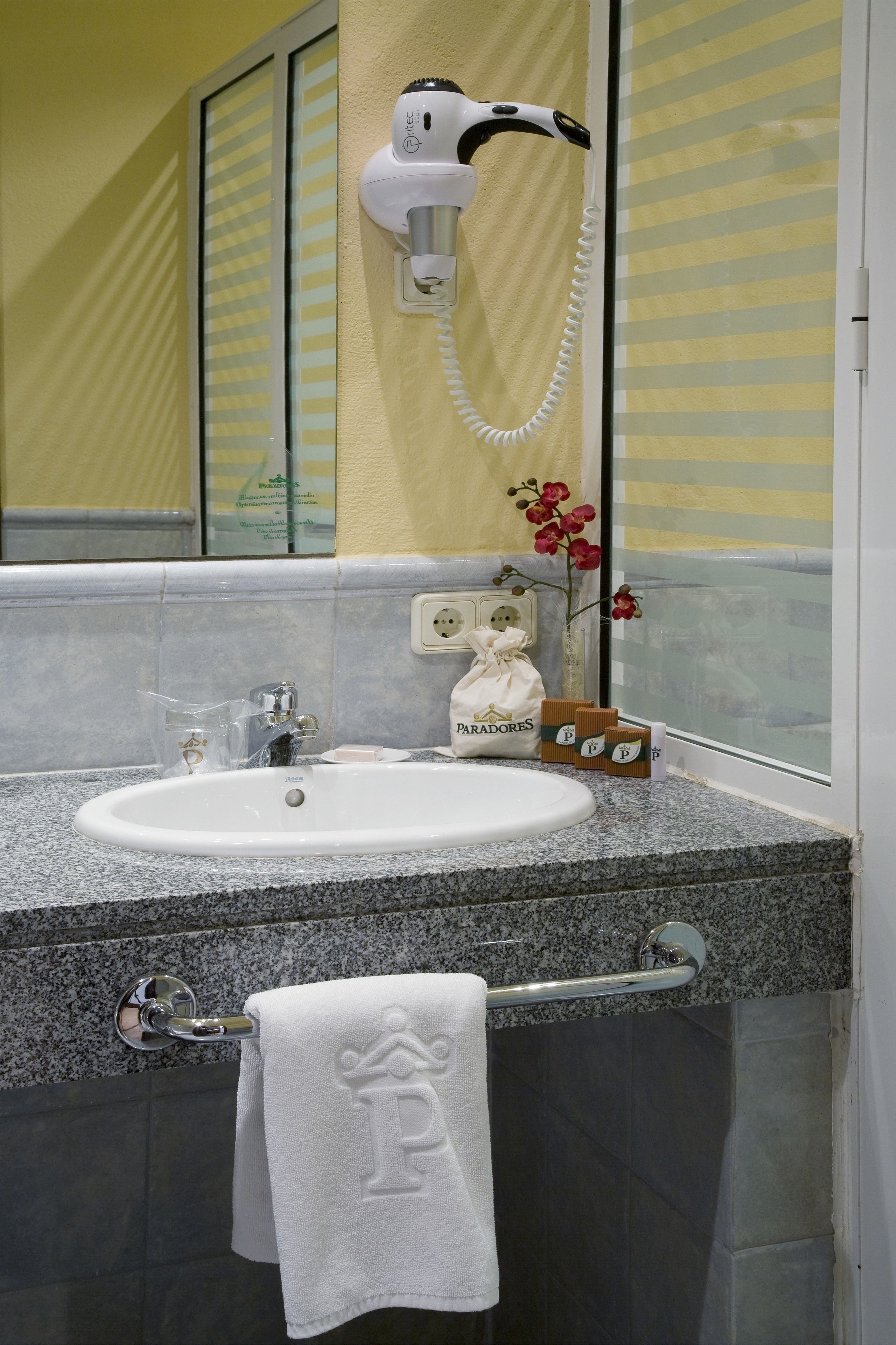 hair dryer, towels, soap, shampoo