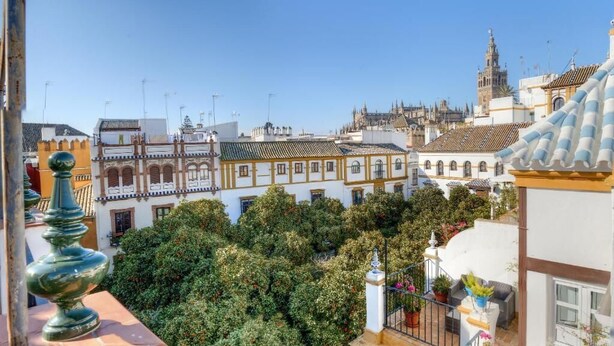 A view of a courtyard with lush greenery, traditional architecture, and a clear sky. - Hotel Doña Lina (Seville)