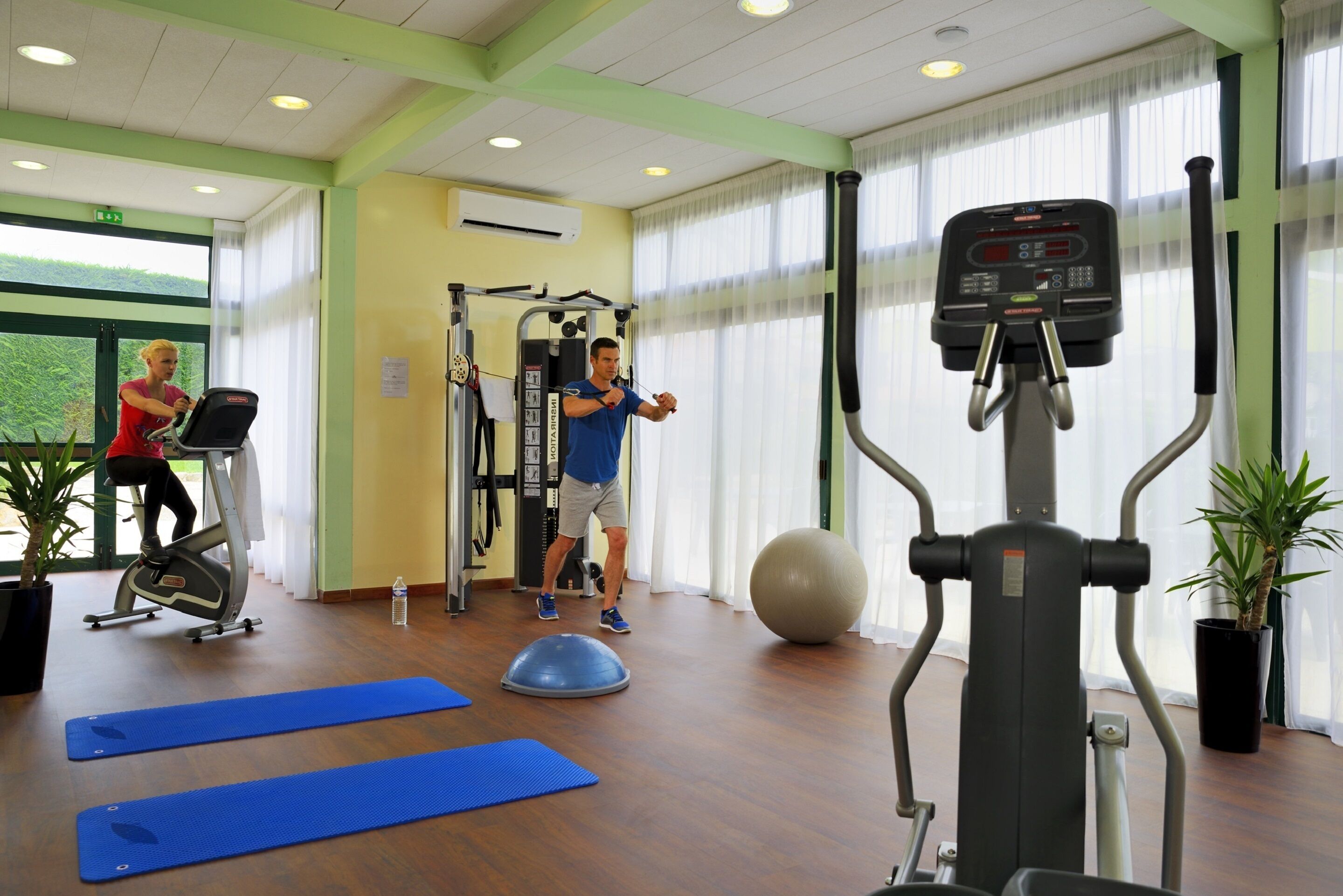 A gym with exercise equipment, blue mats, and potted plants.