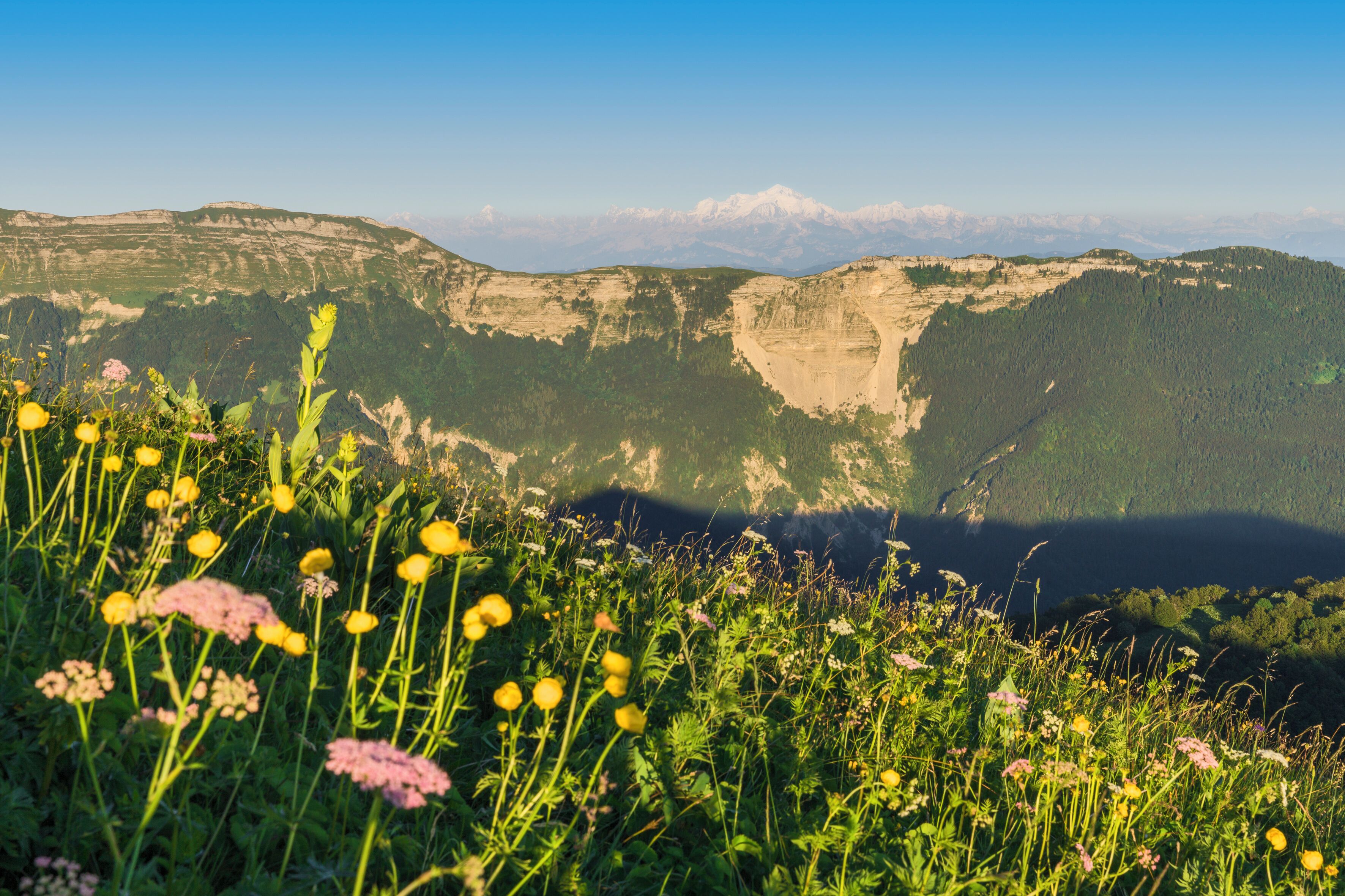 Un paisaje montañoso con un valle y cielo despejado.