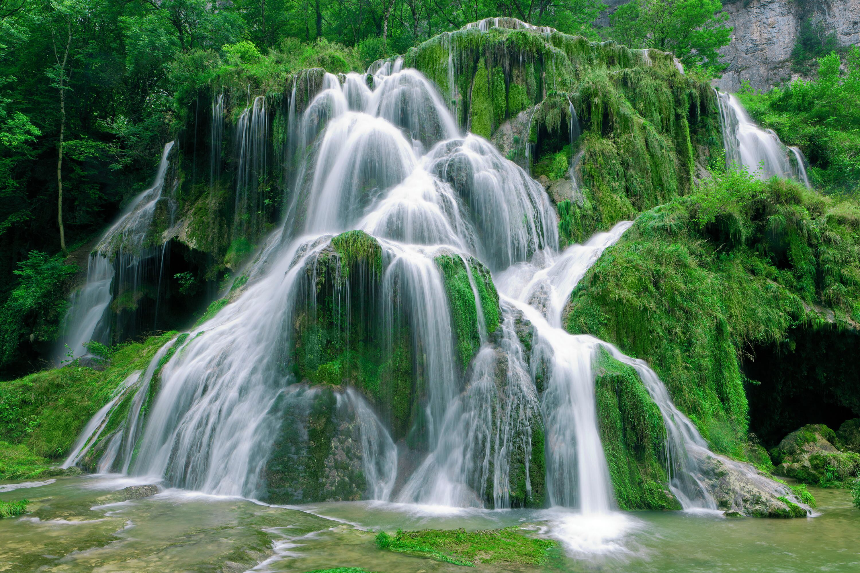 Una cascada rodeada de vegetación exuberante.