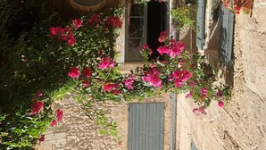 A courtyard with hanging chairs, a stone wall, and blooming pink flowers. - Du Musée (Arles)
