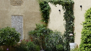 Un jardin agrémenté de diverses plantes et d’un mur décoratif.