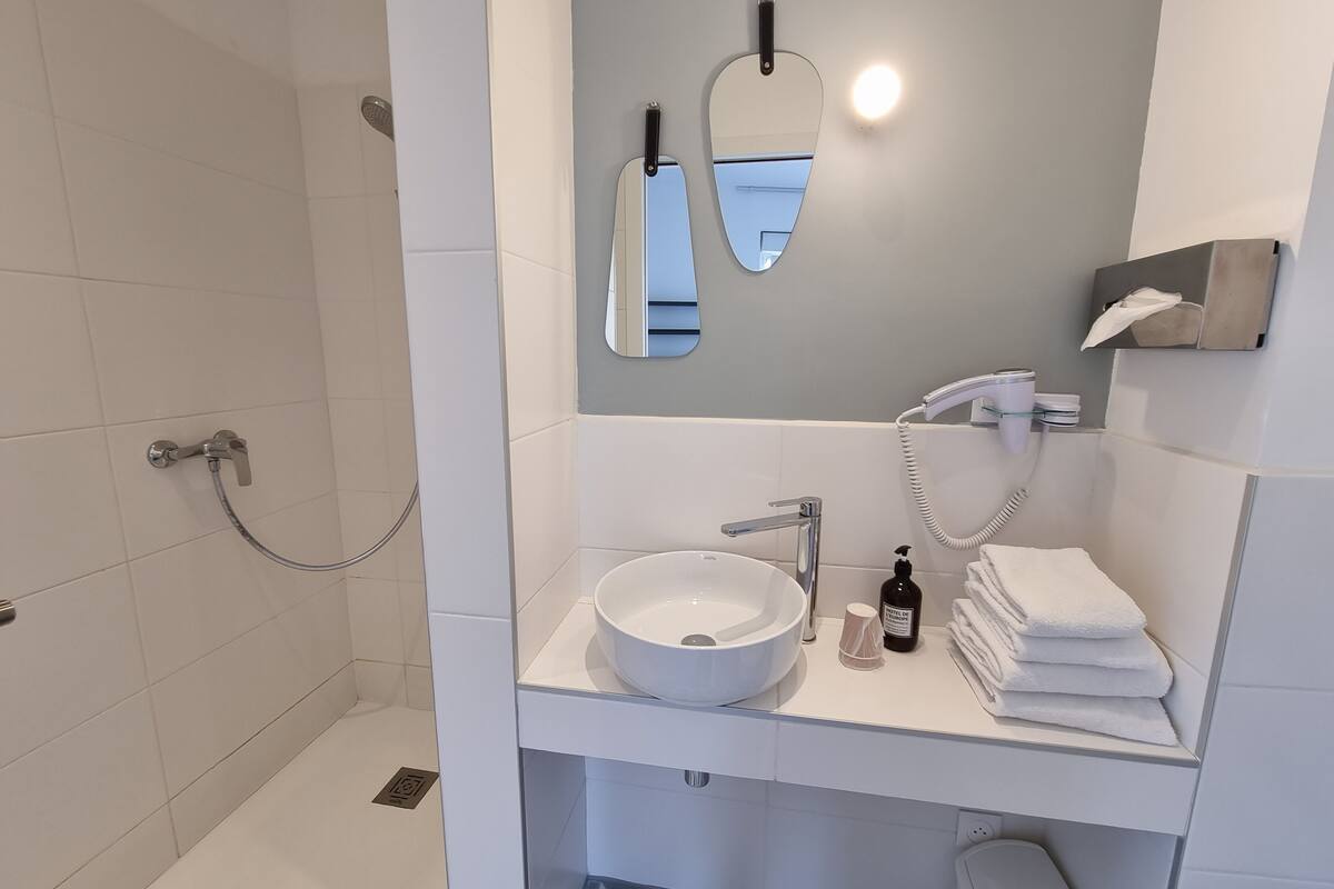 eco-friendly toiletries, hair dryer, towels, soap