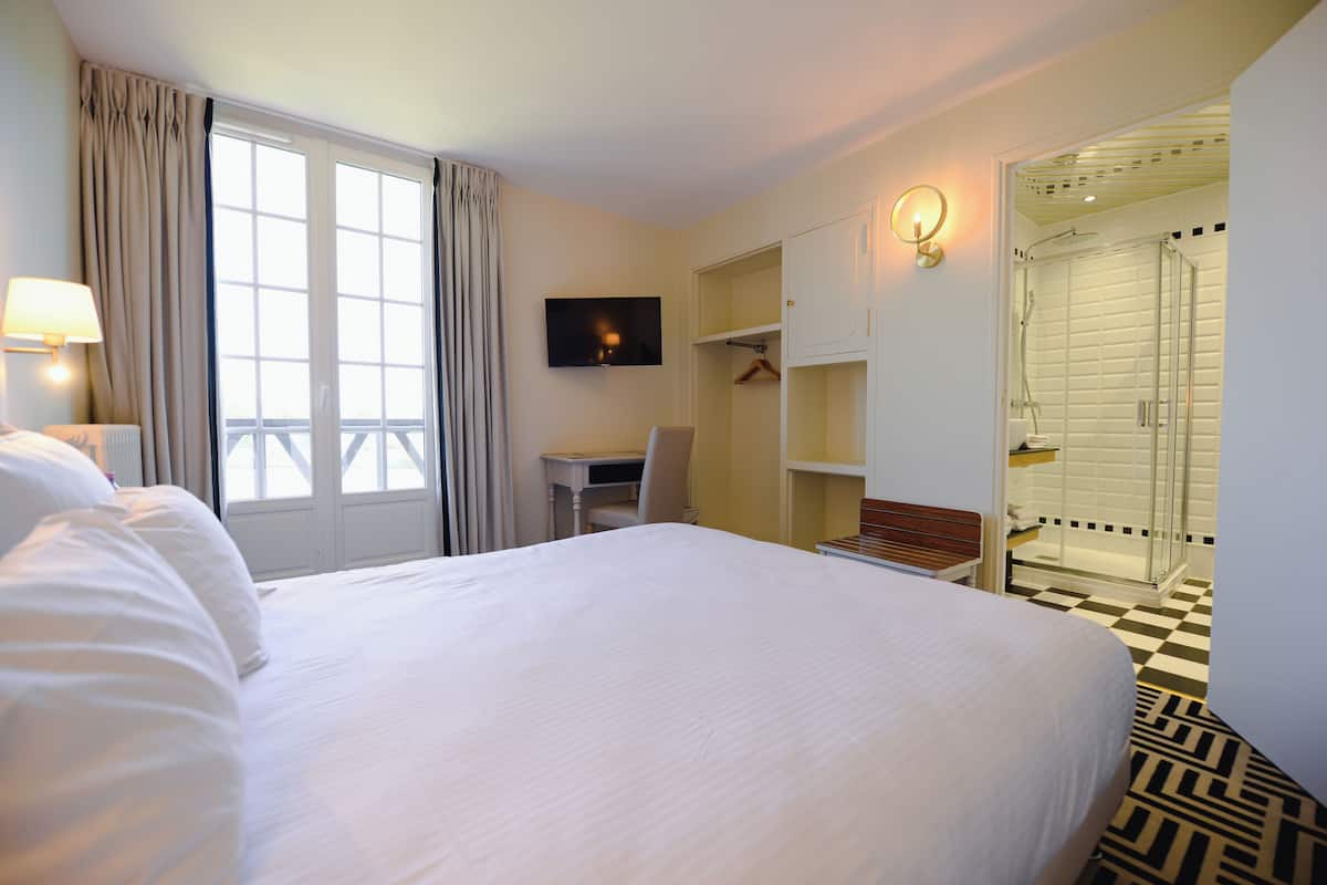 A hotel room with a large bed, a desk, a TV, a wardrobe, and a shower area.