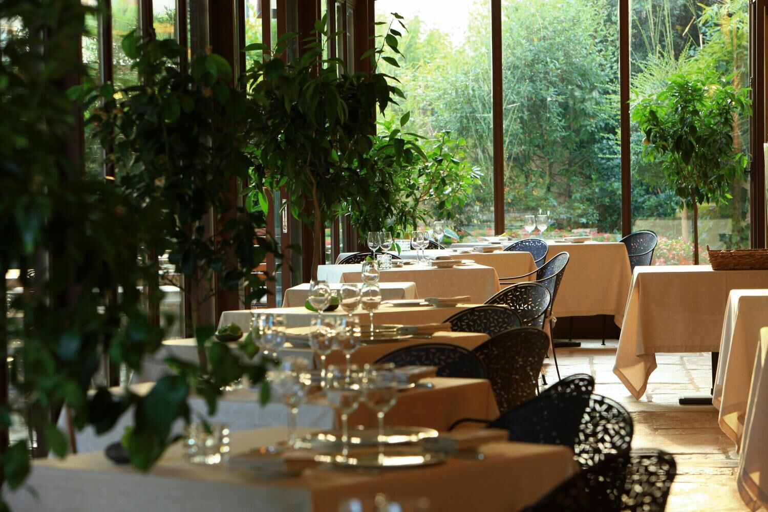 A restaurant with tables set for dining, surrounded by large windows and greenery.