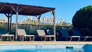 Una piscina con sillas de descanso y una zona cubierta.