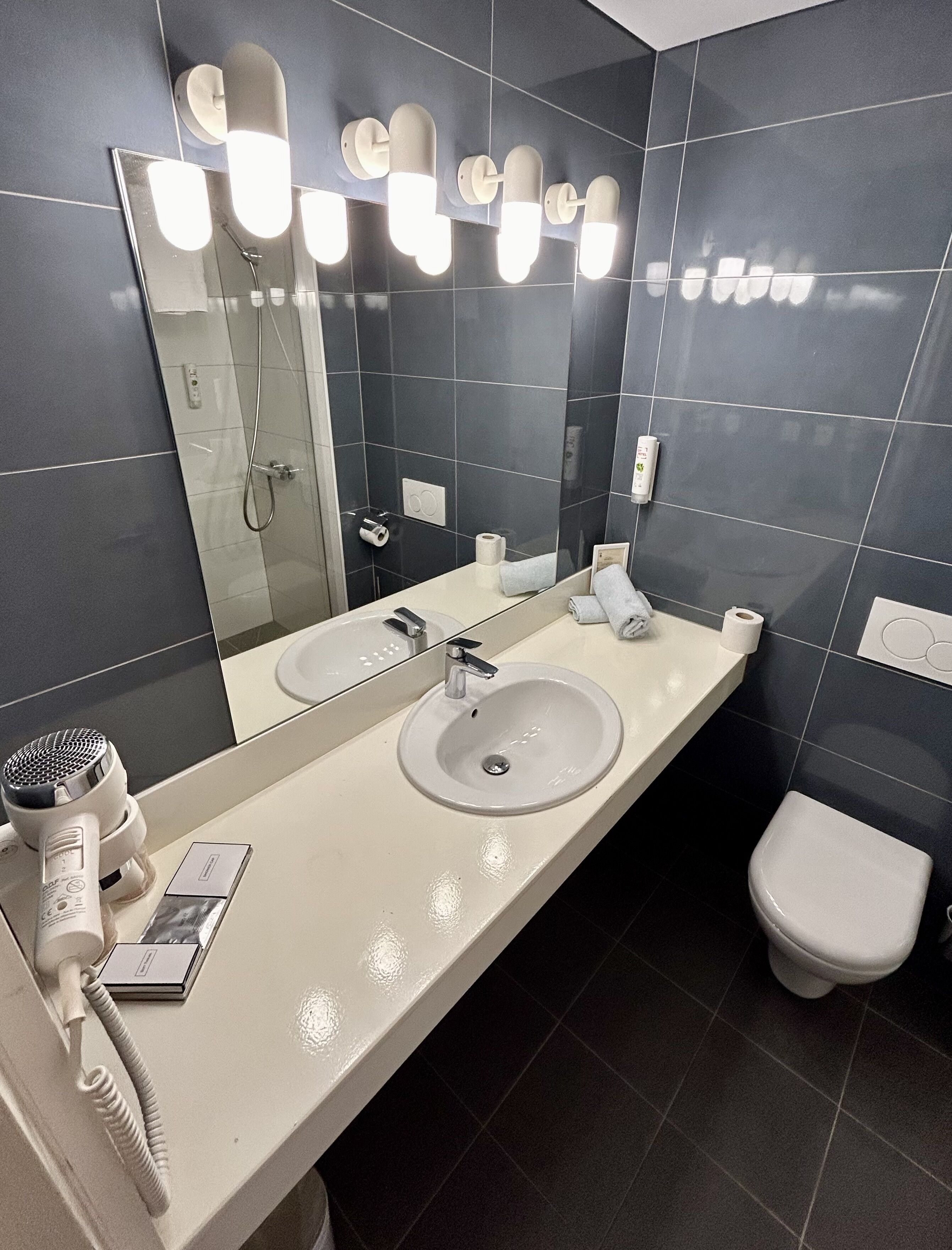 free toiletries, hair dryer, towels, shampoo