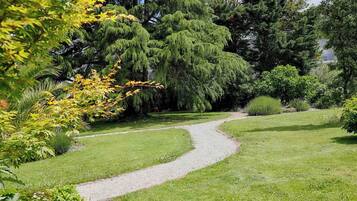 Un sendero de grava serpentea por un jardín bien cuidado, con varios árboles y arbustos.