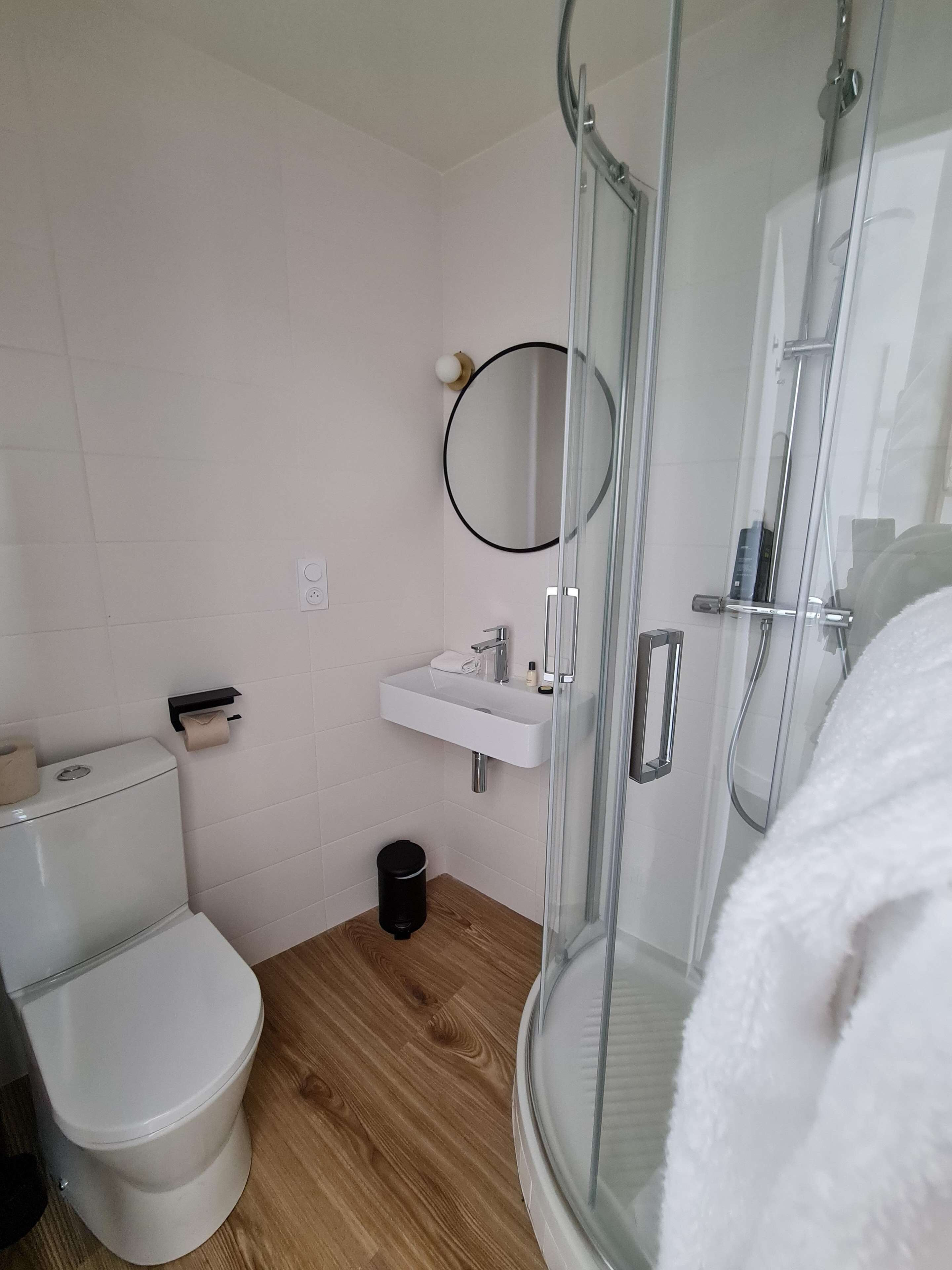 A modern bathroom with a toilet, sink, and glass shower enclosure.
