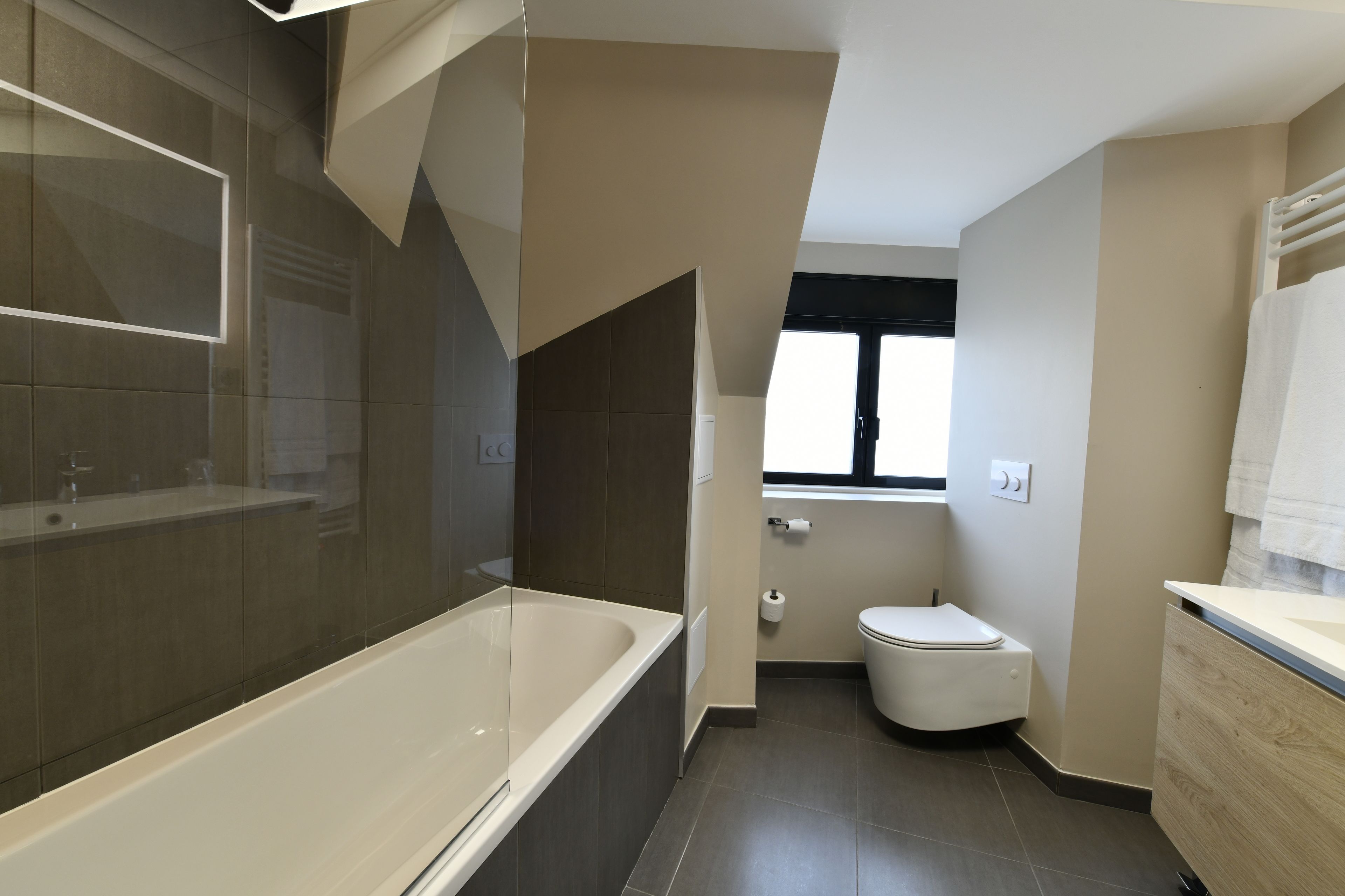 superior double room | bathroom | hair dryer, towels