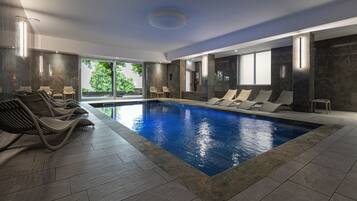 Indoor pool, open 10:00 AM to 7:30 PM, sun loungers