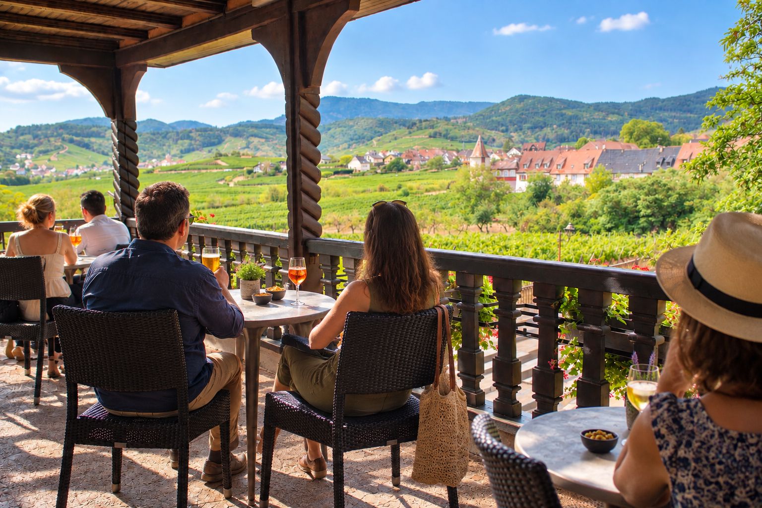 Une terrasse avec des places assises extérieures, donnant sur un vignoble et un village.