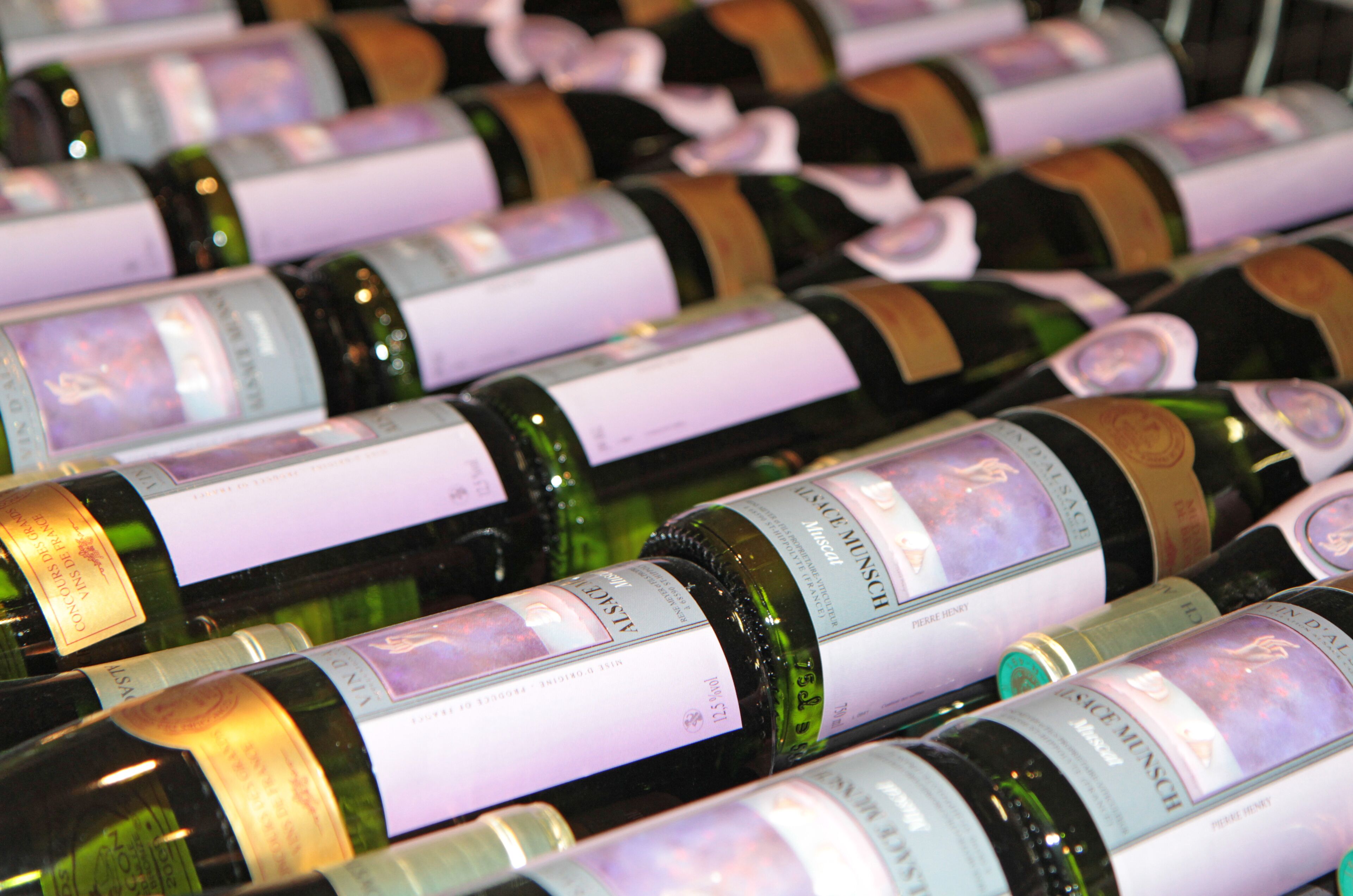 Rows of wine bottles with labels, likely in a storage or display area.