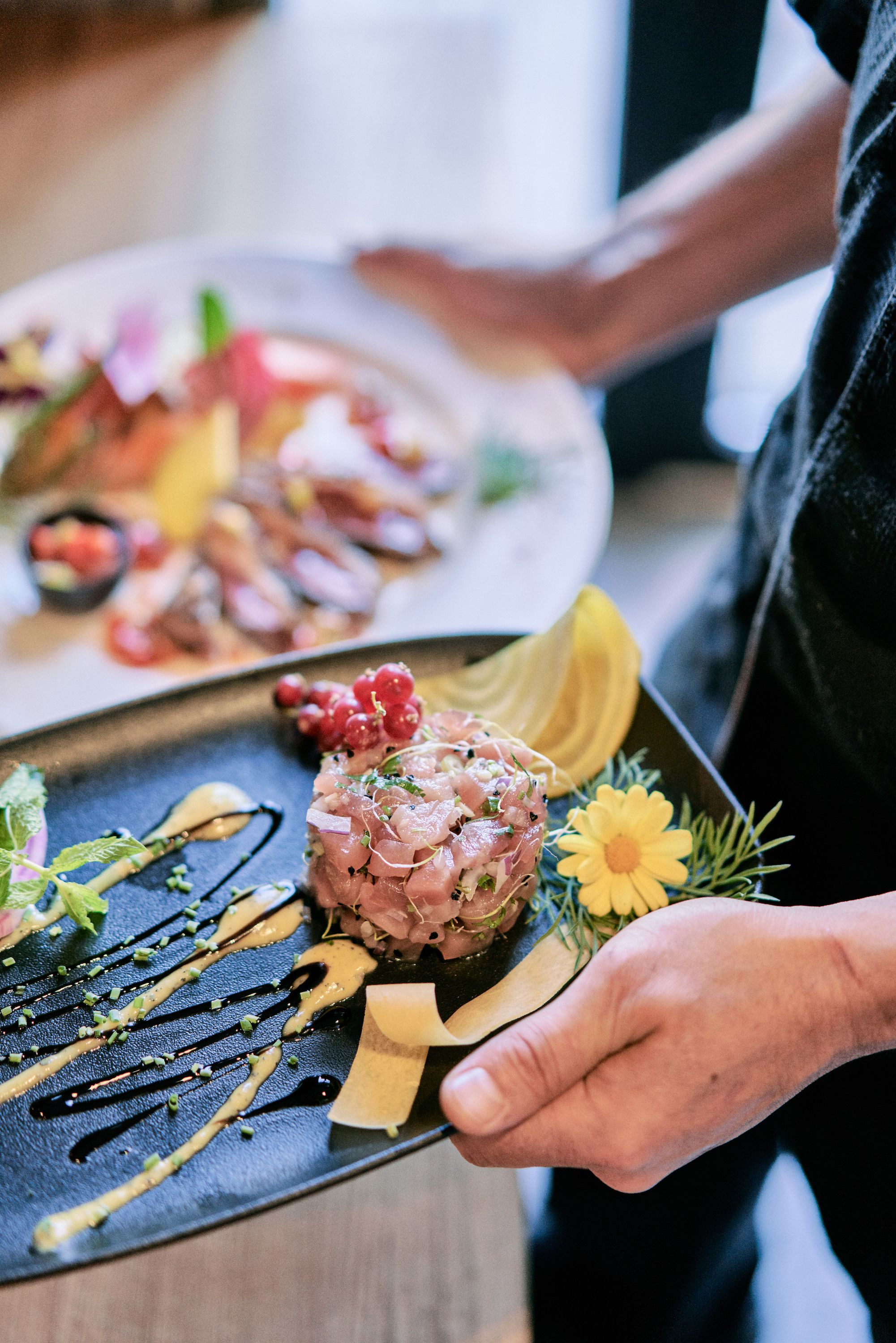A person holding a plate with a food dish garnished with herbs and a yellow flower.