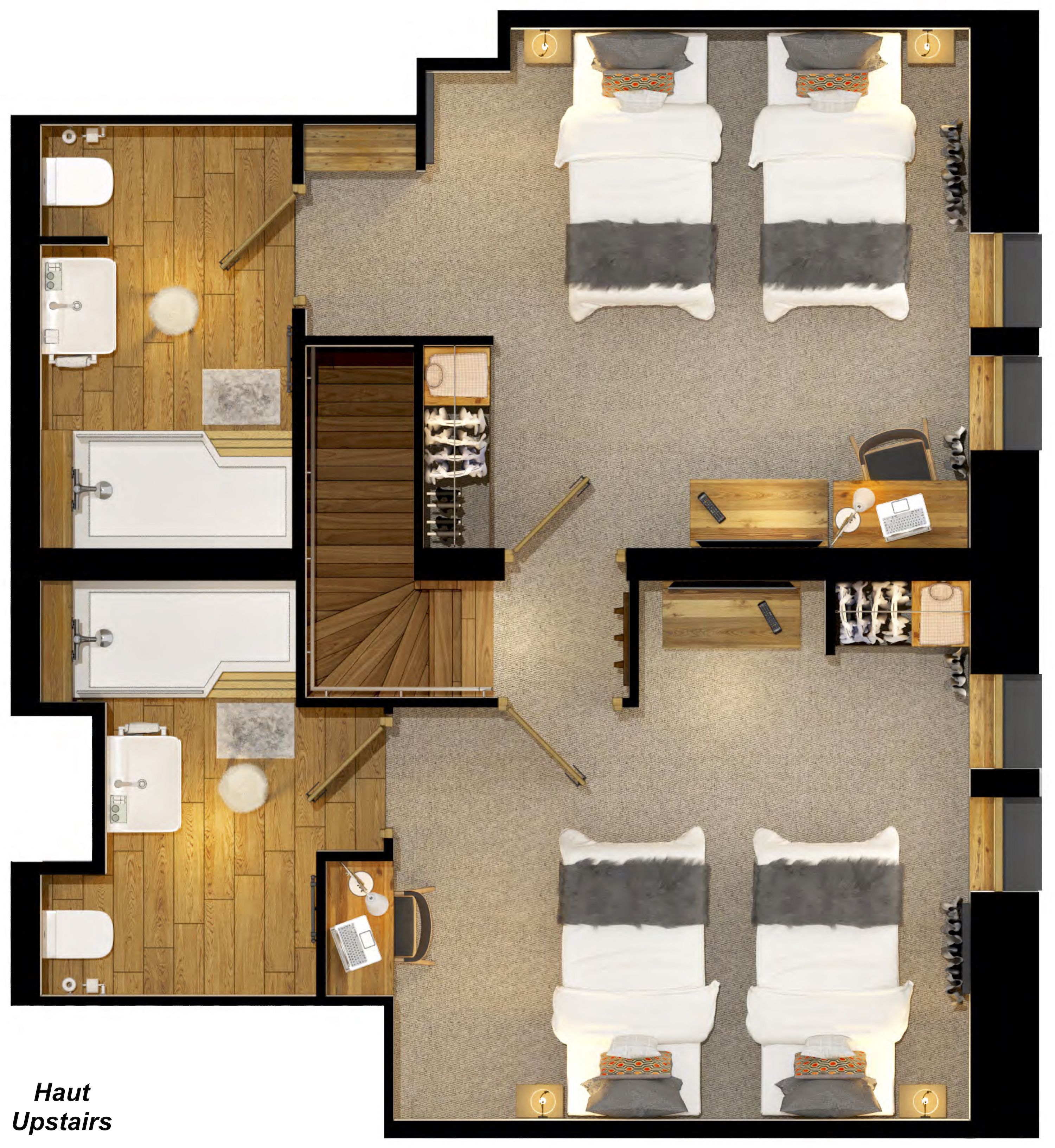 A hotel room layout with four beds, two bathrooms, a sitting area, and a small kitchenette.