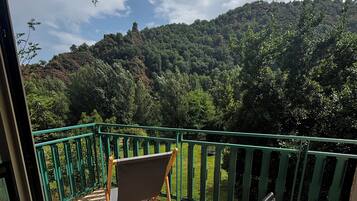 A wooden deck with a green railing, a folding chair, and a metal chair.