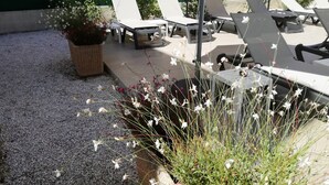 Une terrasse sur le toit, aménagée avec des chaises longues, une table et des plantes en pot.