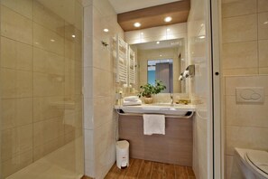 Shower, free toiletries, hair dryer, towels