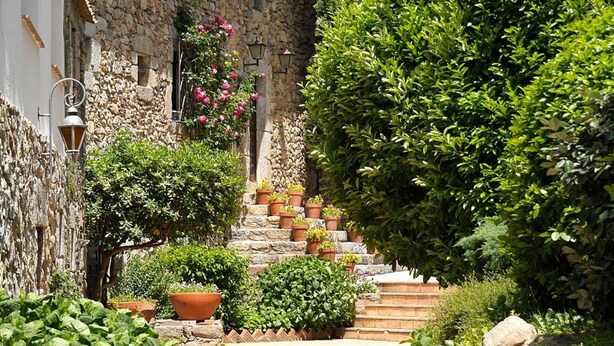 A stone building with a narrow pathway leading to a staircase, surrounded by lush greenery and potted plants.