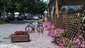 A paved pathway with bicycles parked, a wooden planter with red flowers, and a wooden fence with pink flowers.