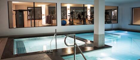 2 indoor pools, open 9:00 AM to 7:00 PM, pool loungers