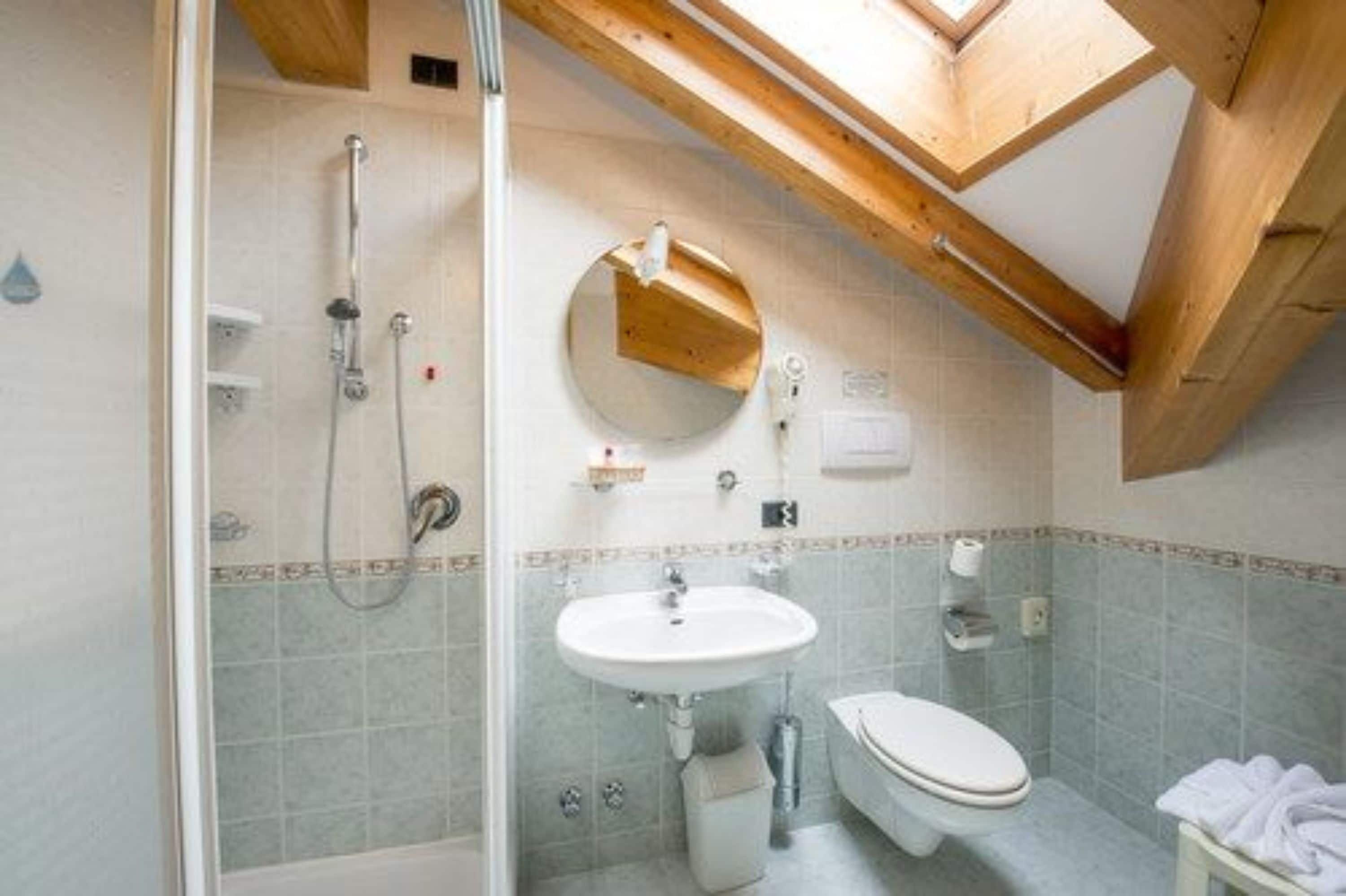 A bathroom with a shower, sink, and toilet, featuring a skylight and tiled walls.