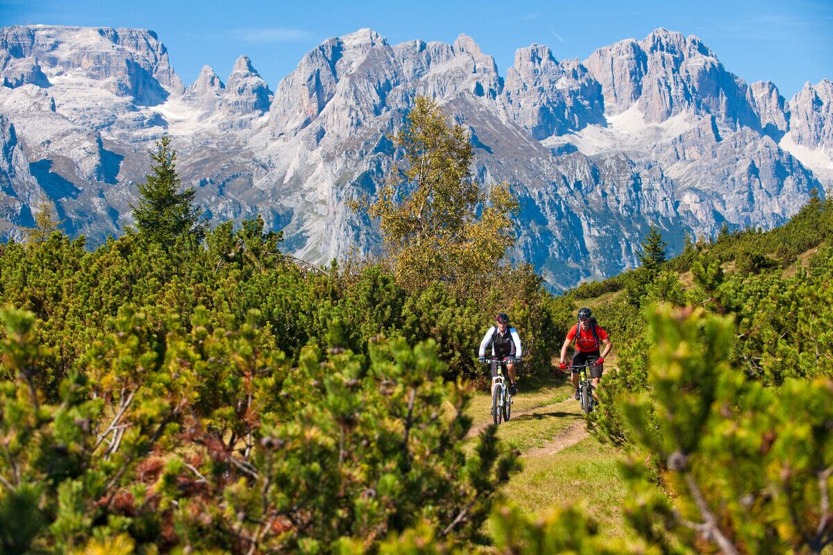 Due ciclisti su un sentiero con montagne sullo sfondo.