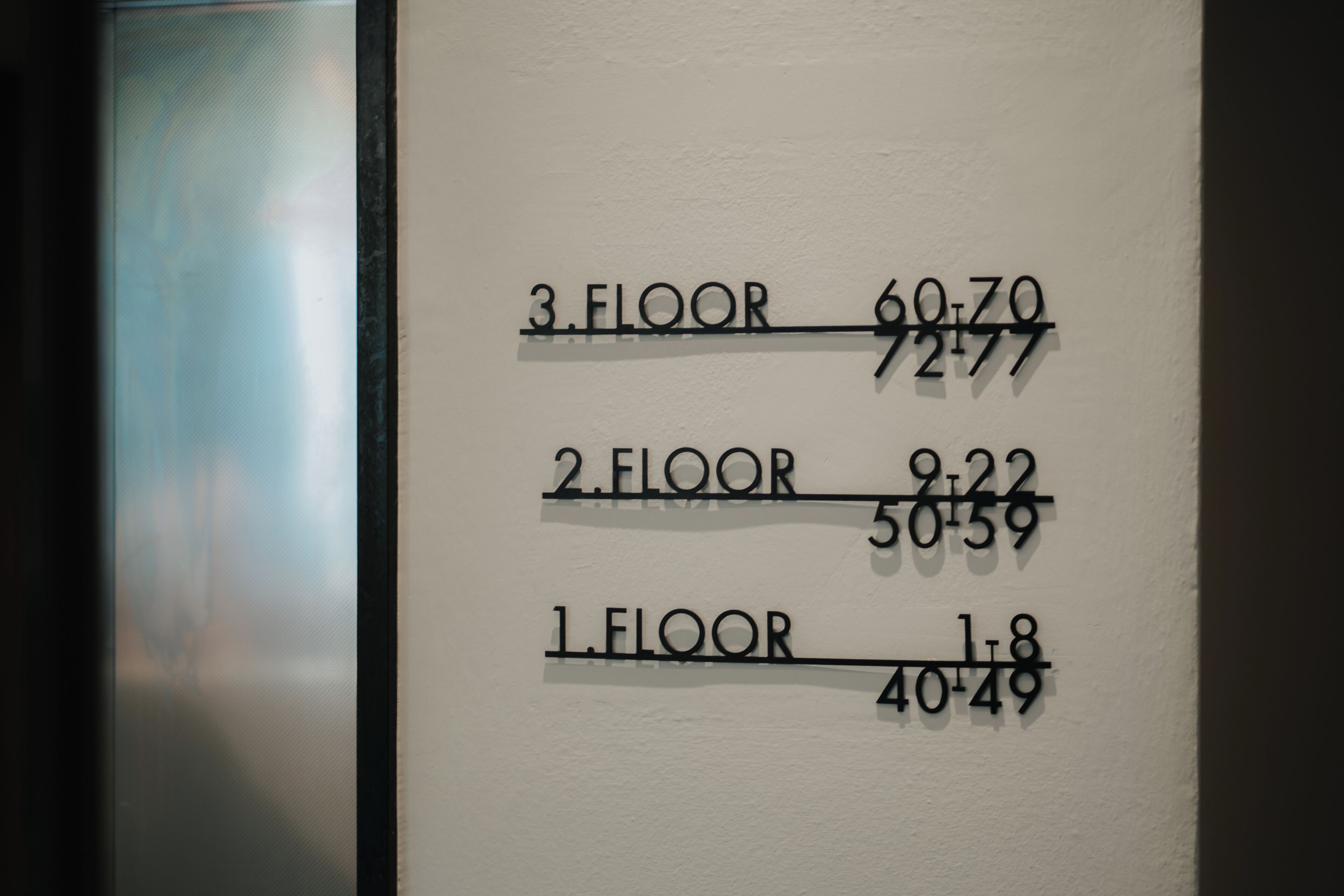 A wall with floor numbers and corresponding room numbers.