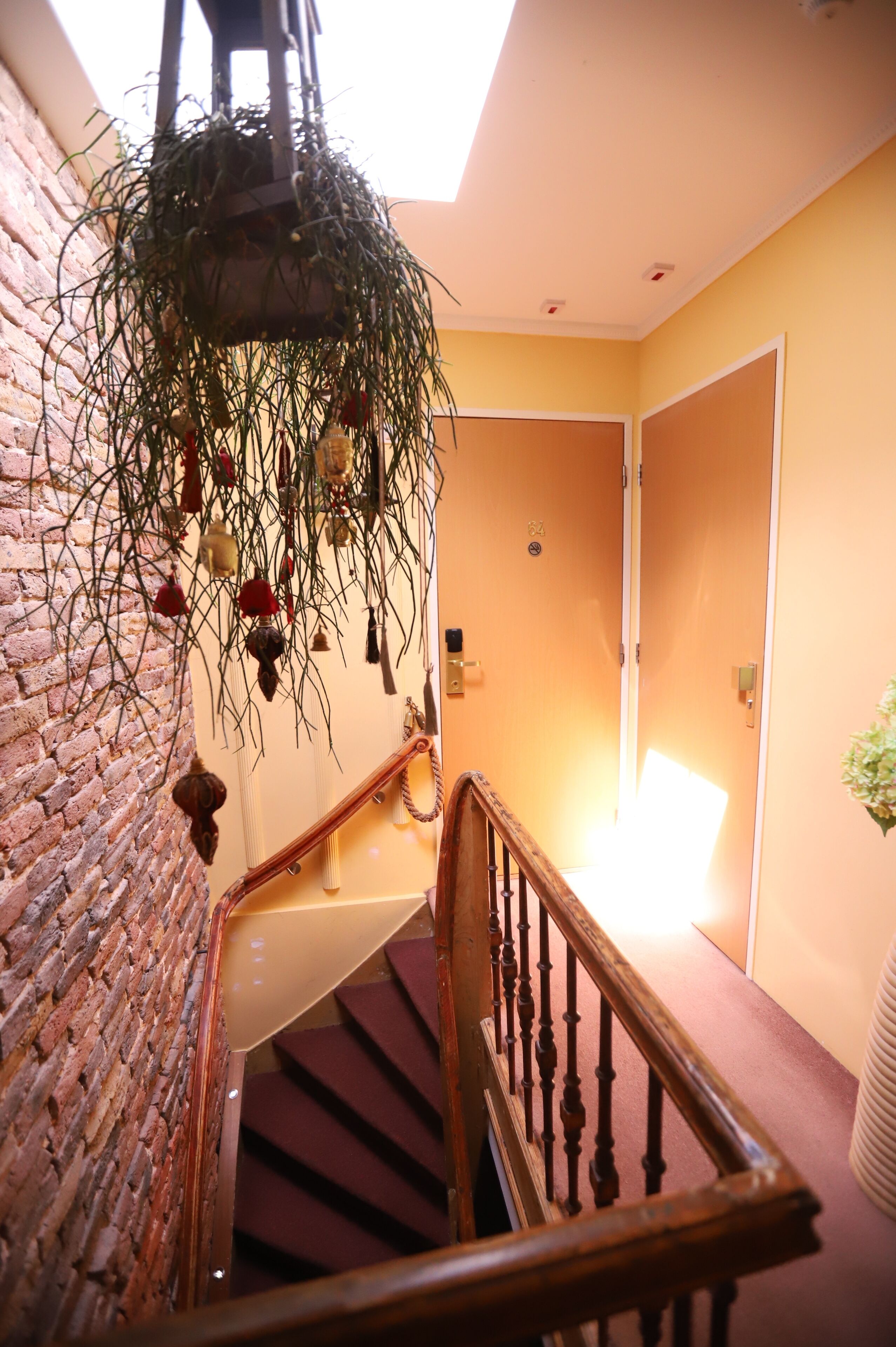 A staircase with a wooden handrail, a brick wall, and a hanging plant with dried flowers.