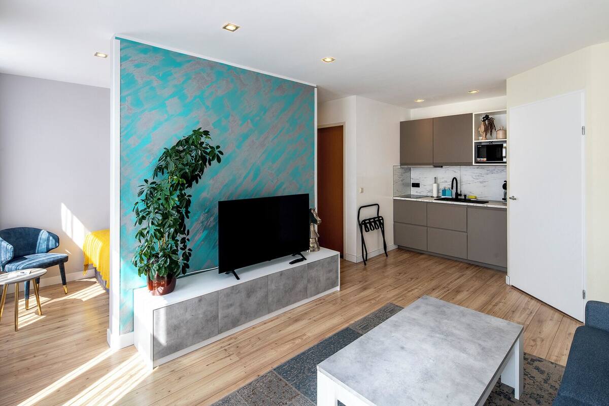 A modern living room with a flat-screen TV, a large potted plant, and a grey sofa.