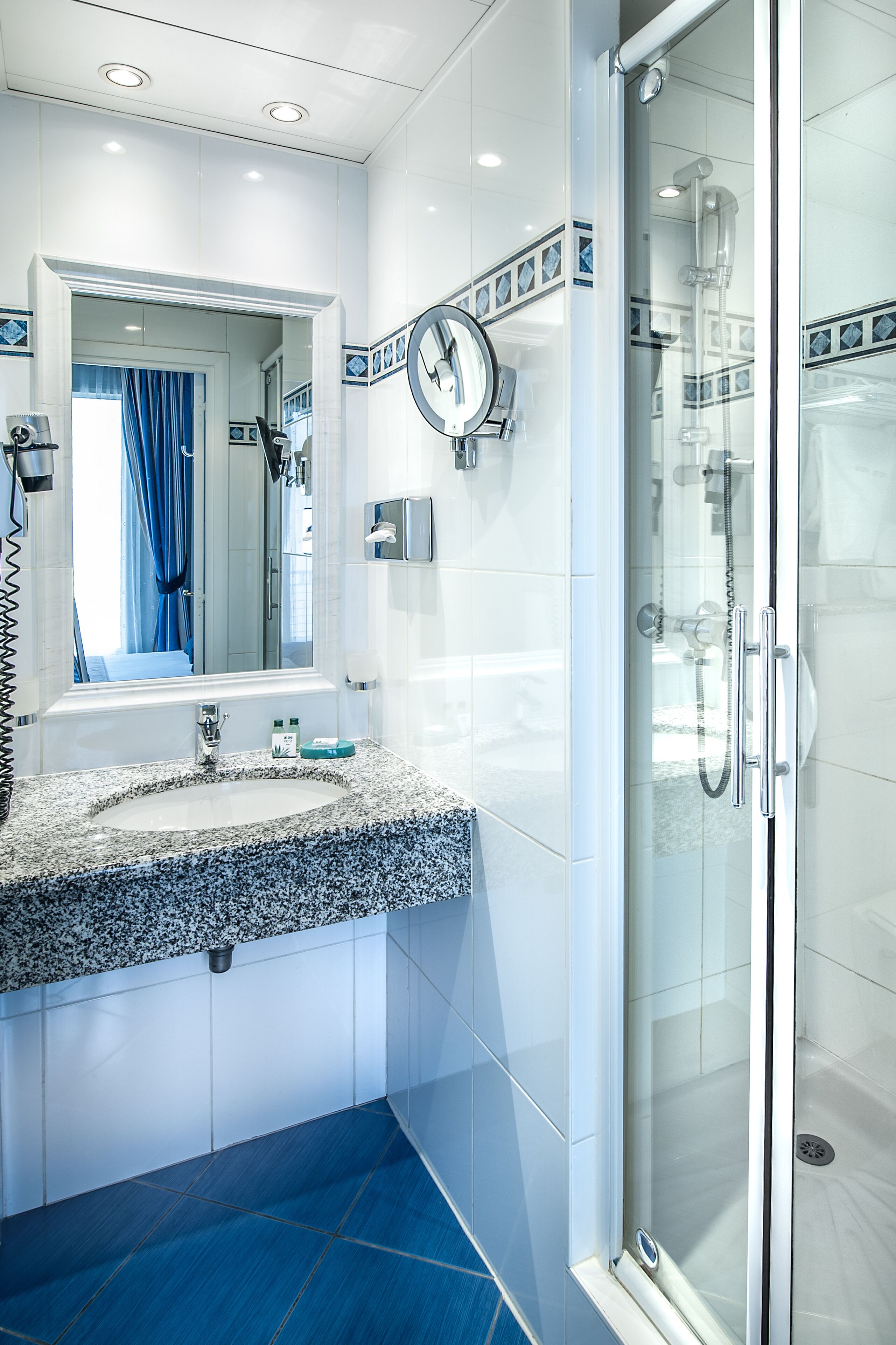 free toiletries, hair dryer, towels