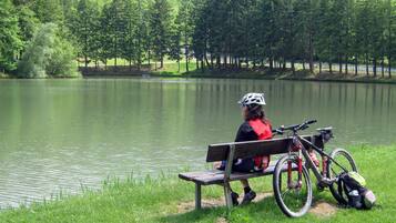 A person sitting on a bench by a lake with a bicycle and gear beside them.