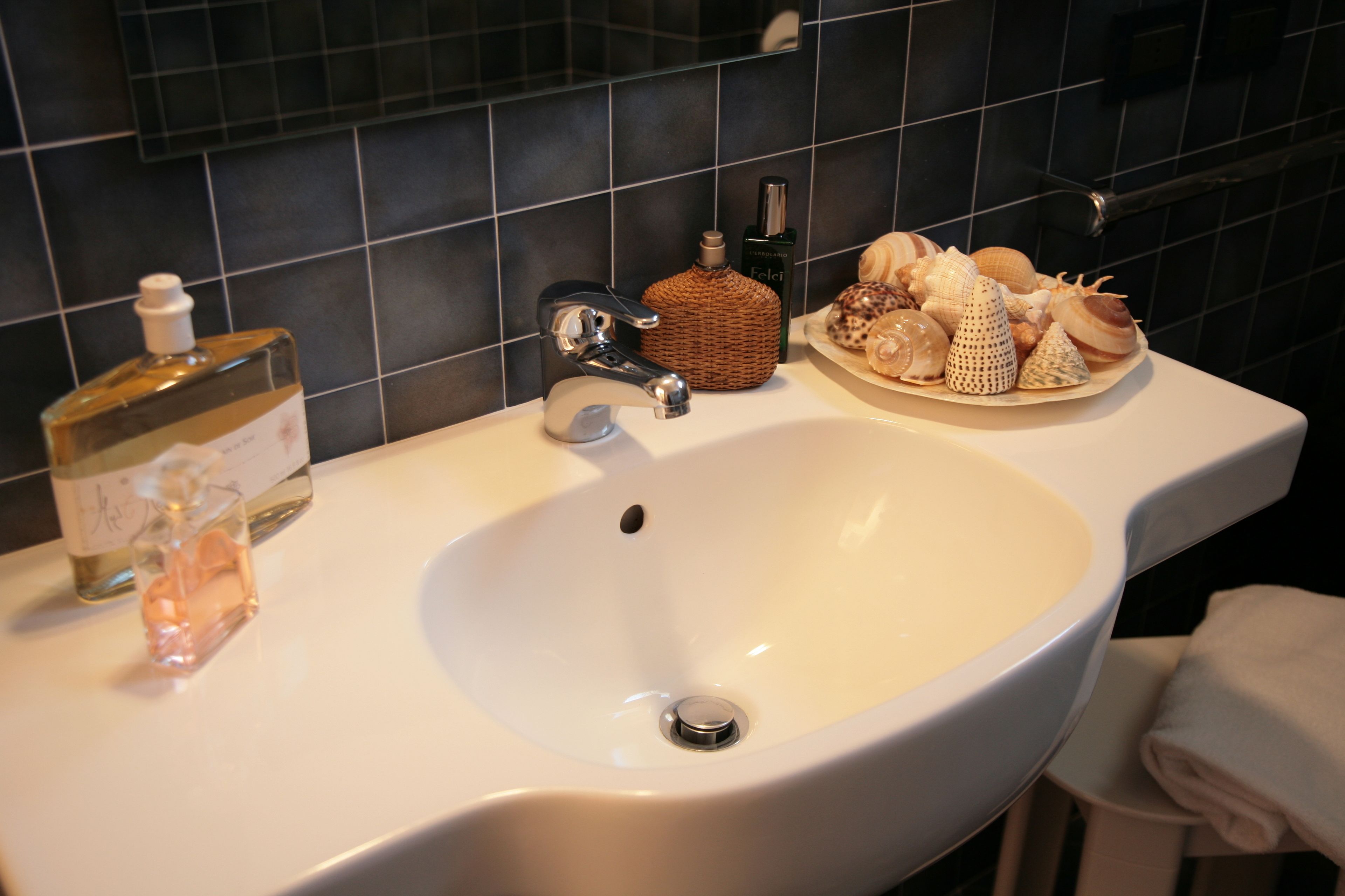 A bathroom sink with a mirror, a soap dispenser, and a decorative shell arrangement.