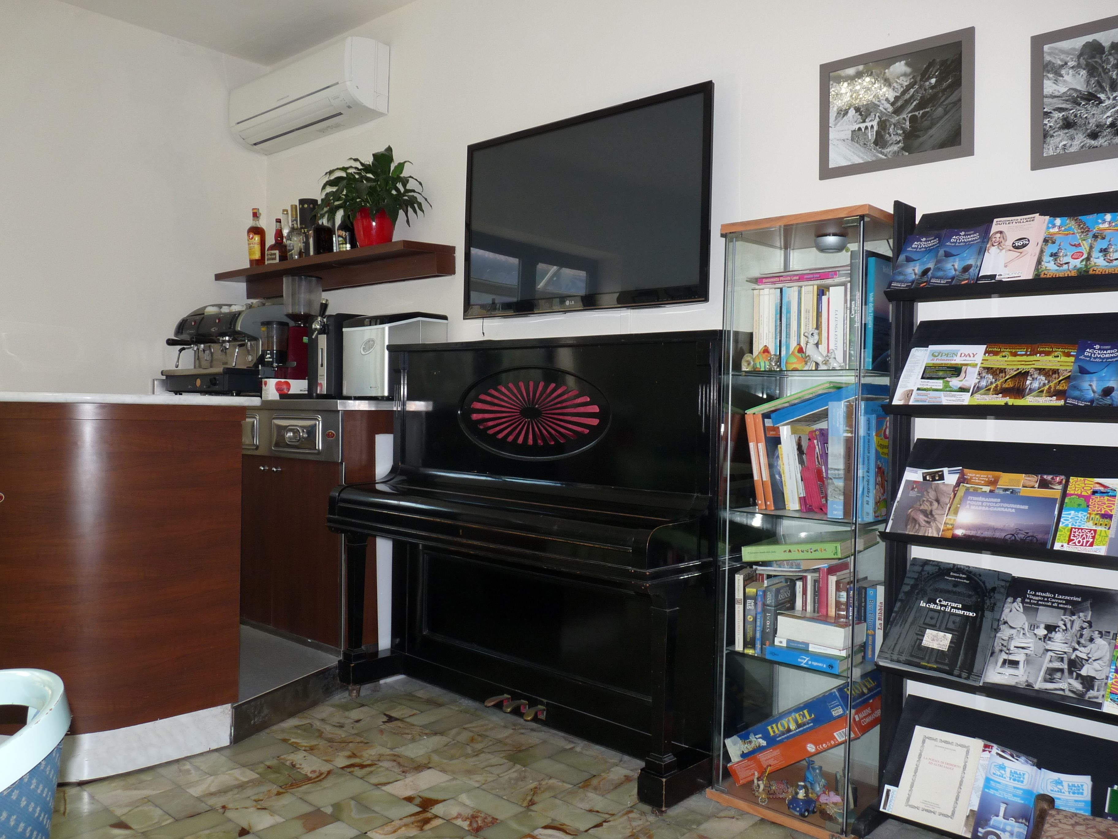 A living room with a flat-screen TV, a coffee machine, a potted plant, and a bookshelf with books and magazines.