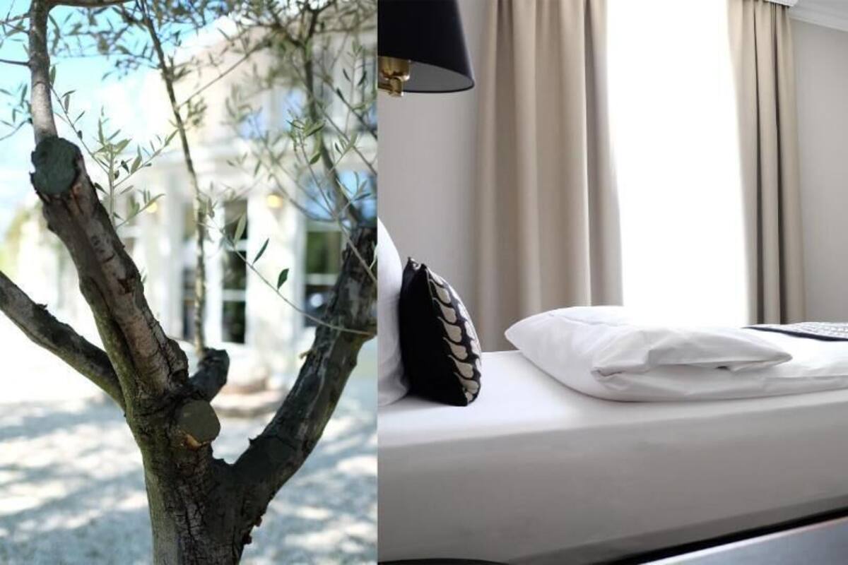 Una habitació d'hotel amb un llit, una televisió penjada a la paret i una finestra amb cortines.