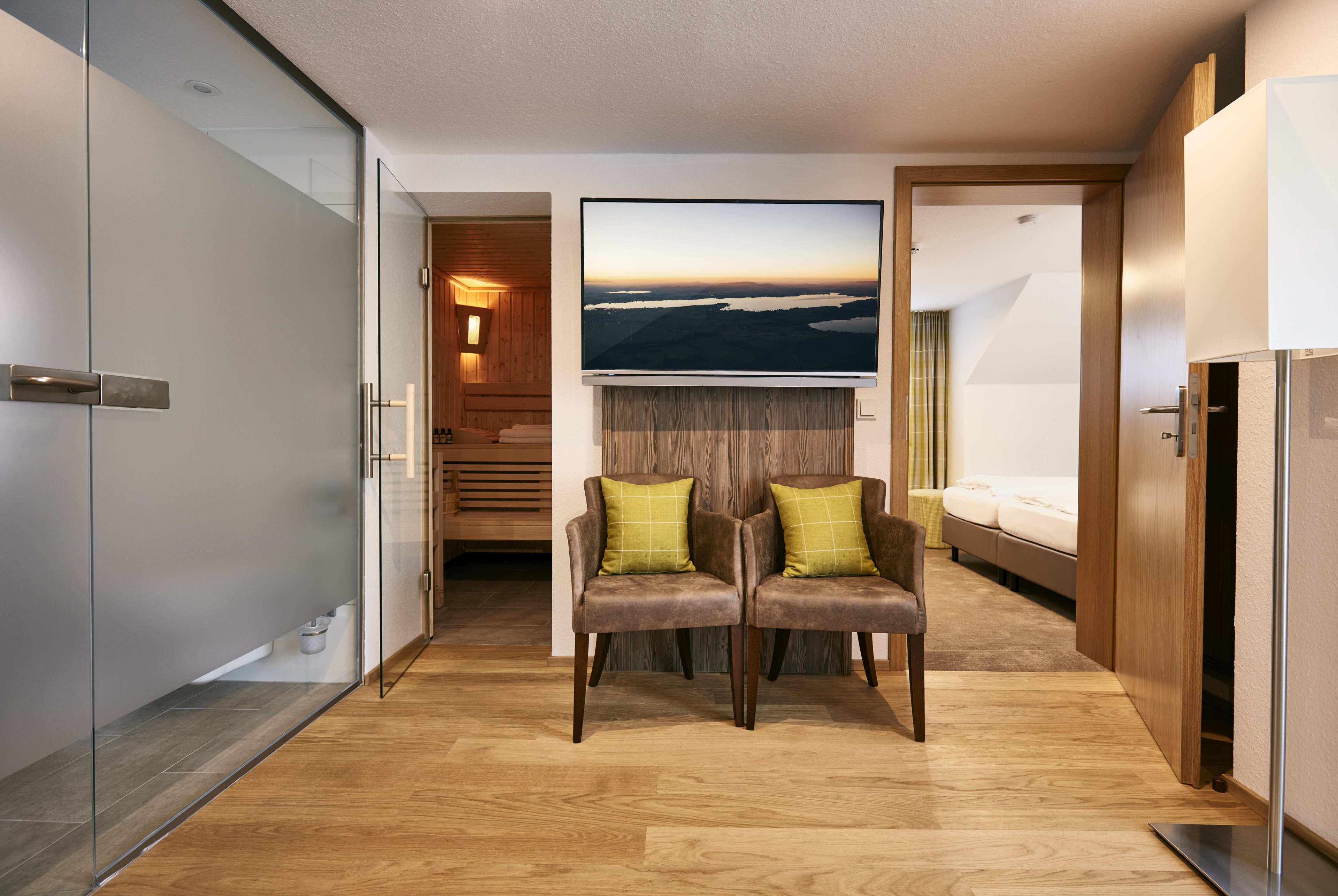 suite, 2 bedrooms, sauna, mountain view | living room | flat-screen tv