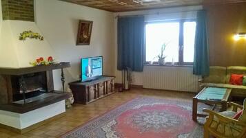 Una sala de estar con chimenea, televisor y un ventanal con cortinas.