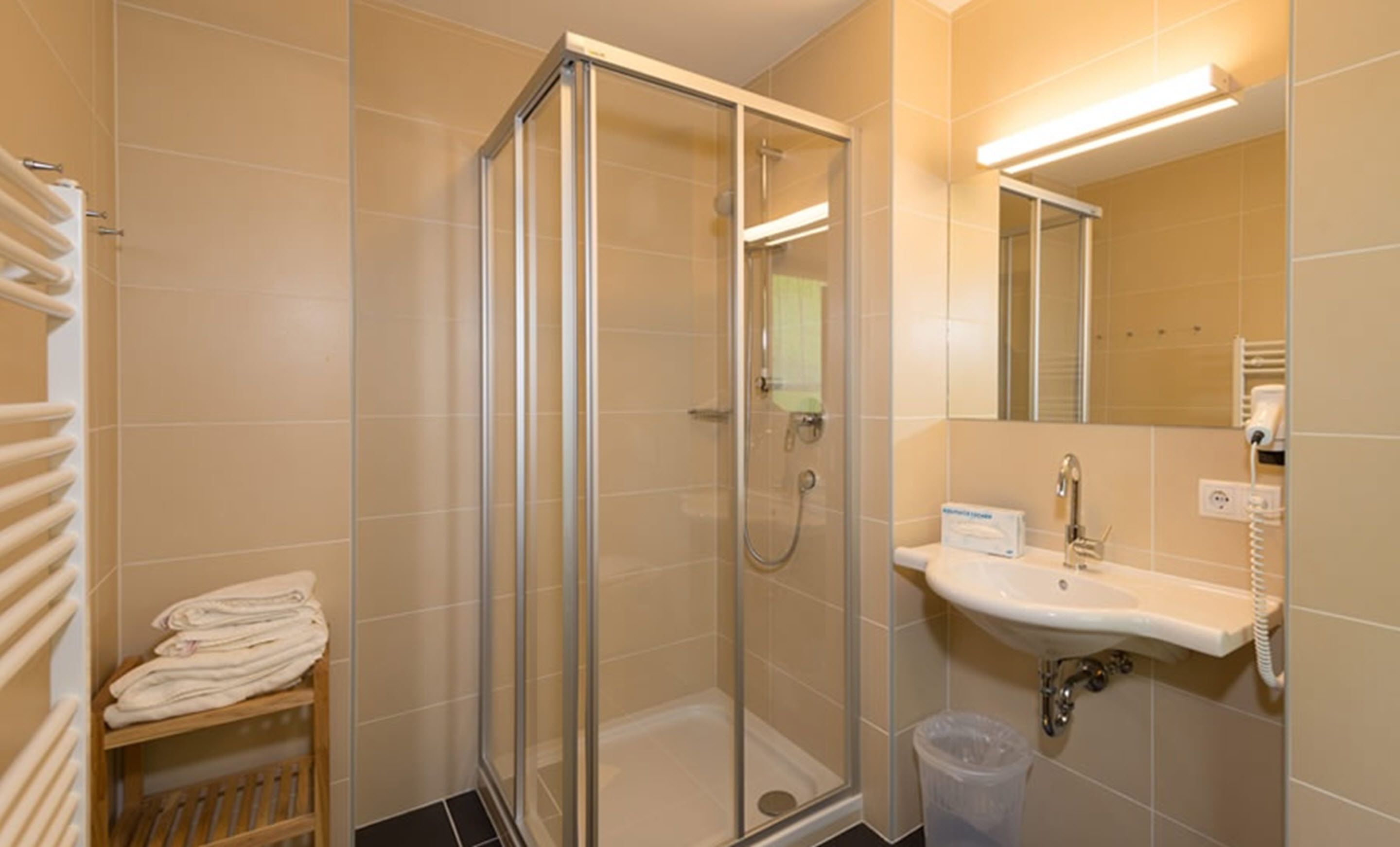 hair dryer, bathrobes, heated floors, towels