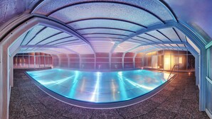 Ein moderner, überdachter Schwimmbereich mit gewölbter Decke und Glaswänden, der einen Blick auf die Außenwelt bietet.