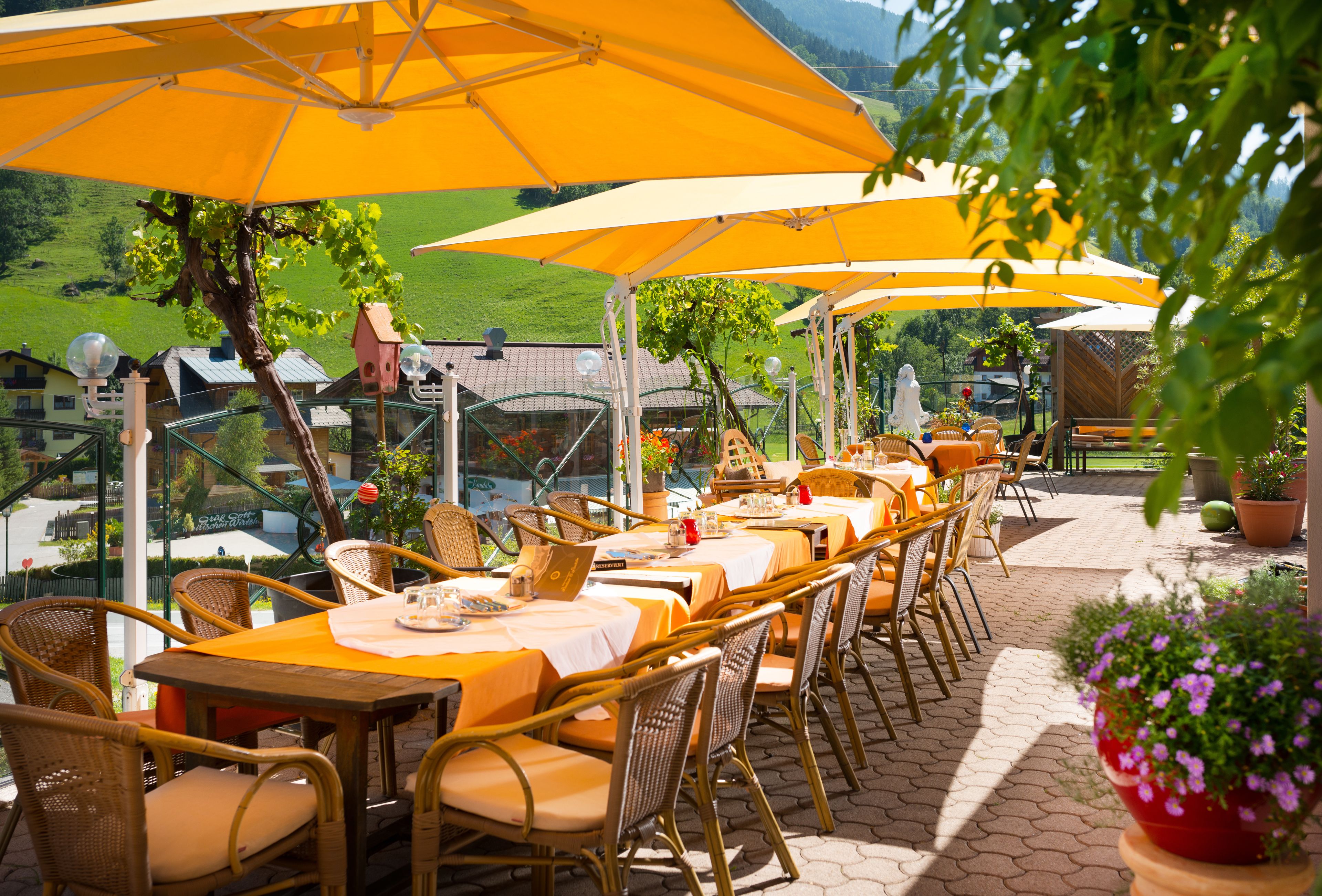 Un espace de restauration en plein air, avec des tables et des chaises placées sous des parasols jaunes, offrant une vue sur un paysage pittoresque.