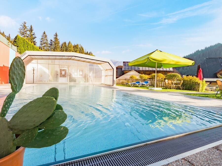 Outdoor pool, pool umbrellas, pool loungers