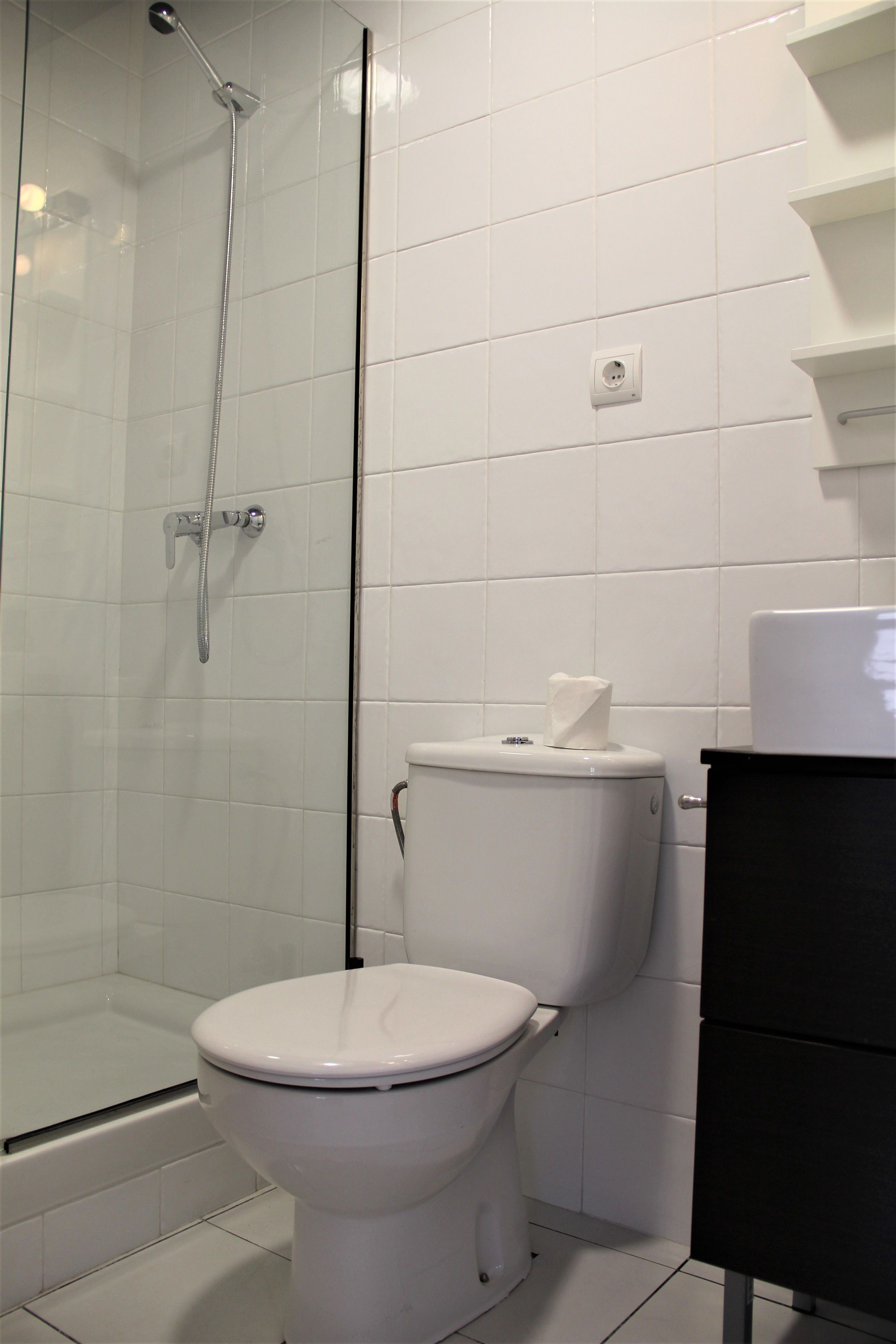 A bathroom with a glass-enclosed shower, a white toilet, and a black cabinet.
