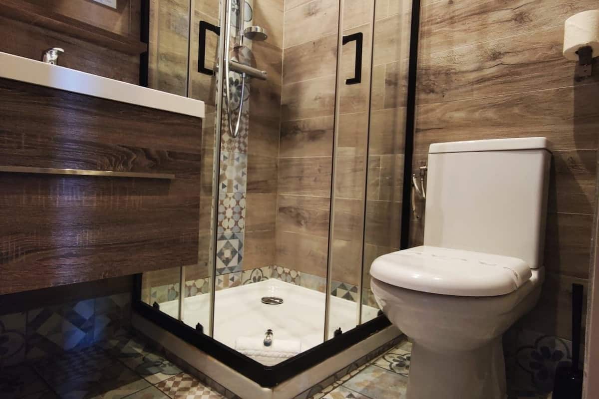 standard single room | bathroom | shower, free toiletries, hair dryer, towels