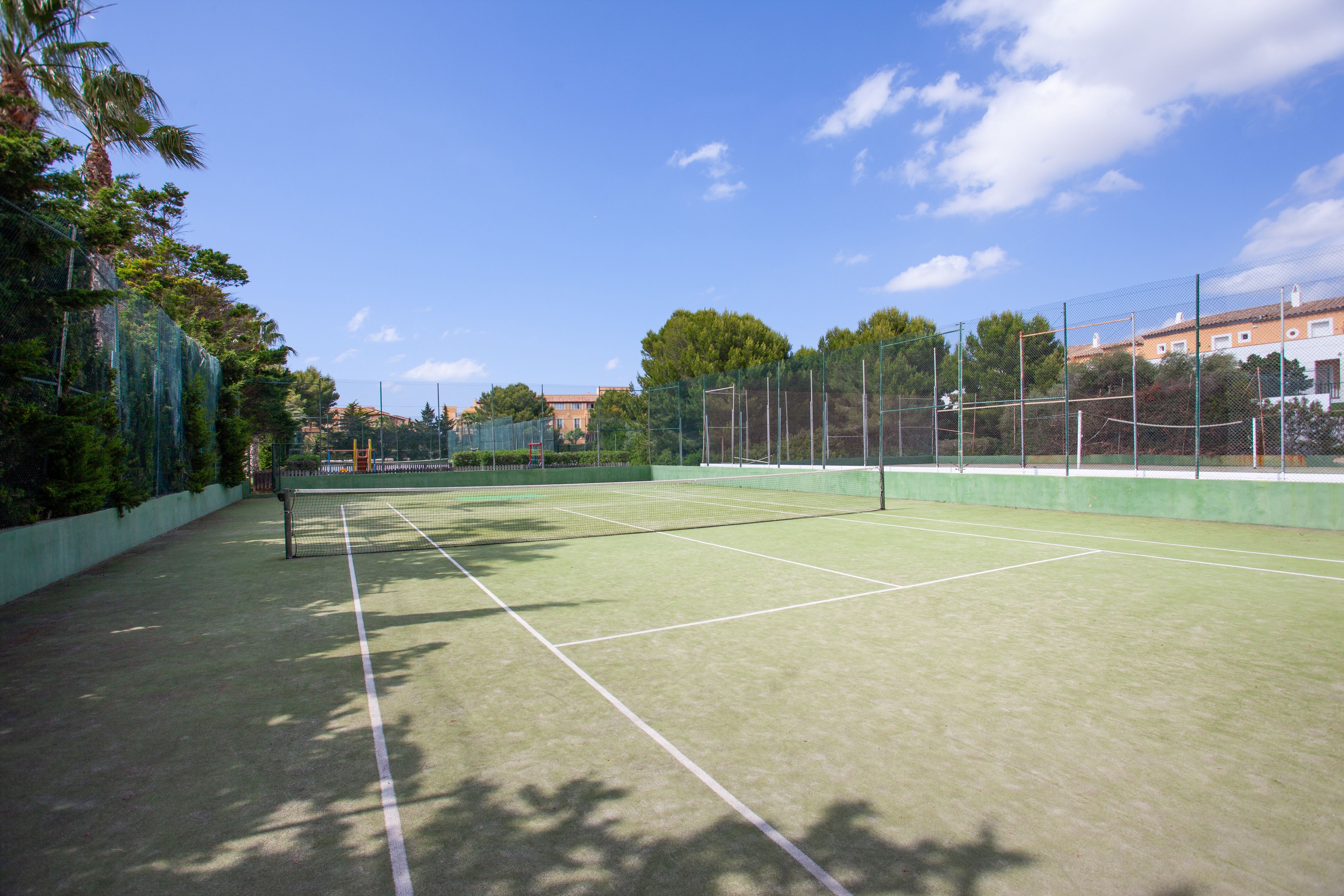 Cancha de tennis a l'aire lliure amb xarxa, envoltada d'arbres i una tanca.