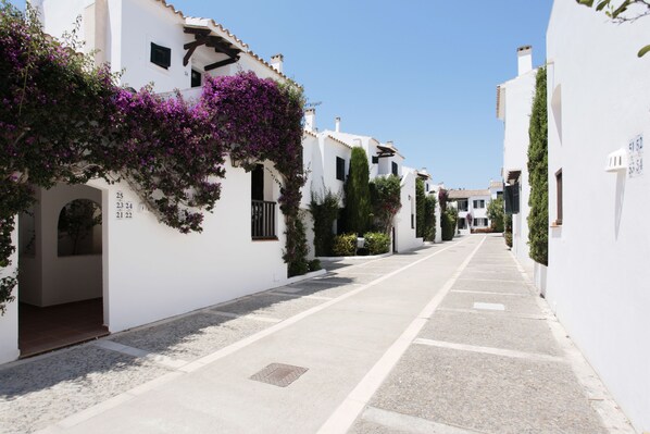 A narrow street lined with white buildings, some with purple flowers.