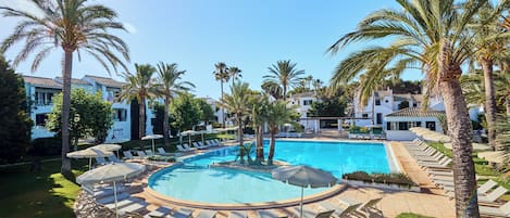 Outdoor pool, pool umbrellas, pool loungers