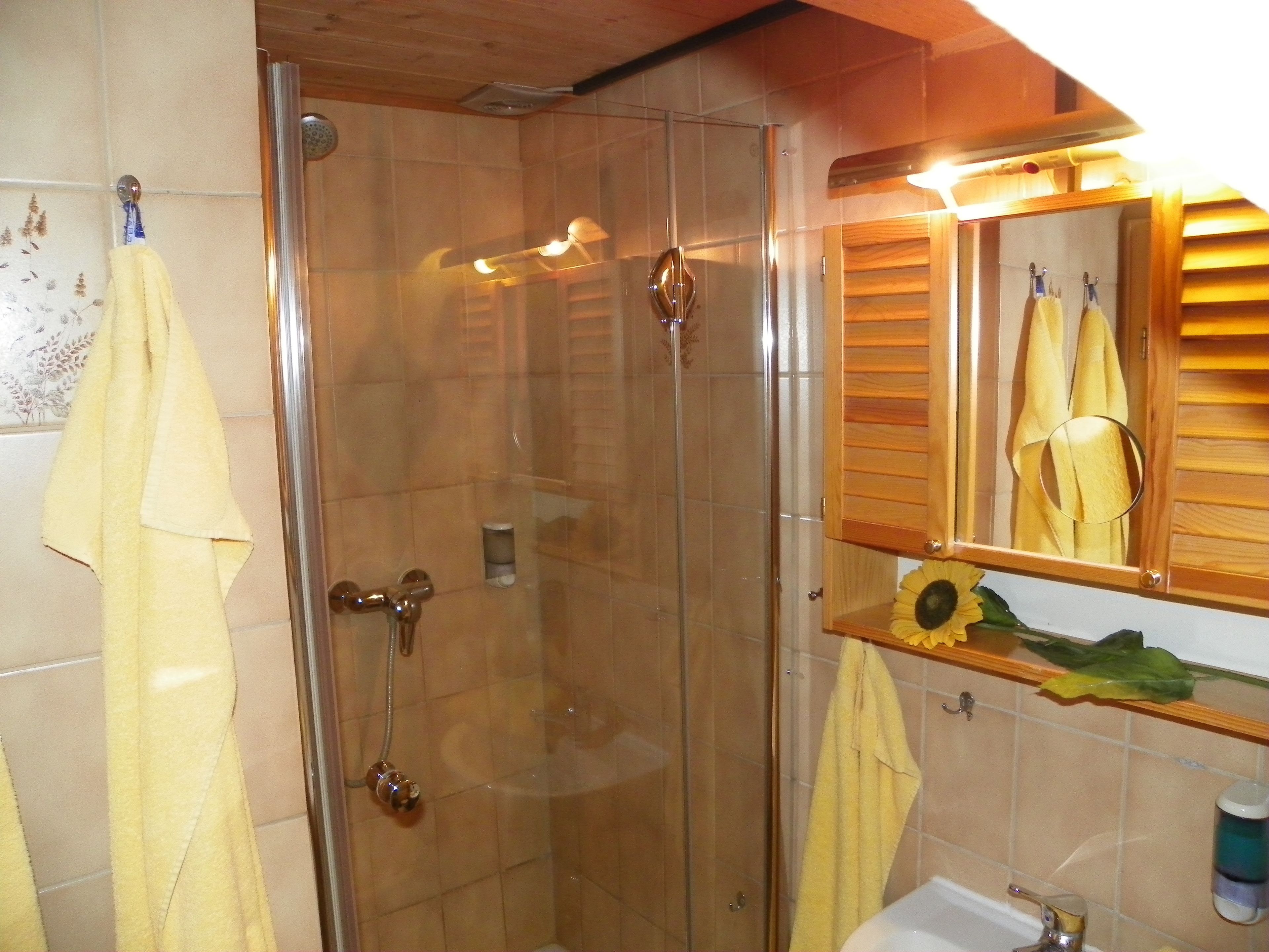 A bathroom with a glass-enclosed shower, a wooden vanity with a mirror, and a yellow towel hanging on the wall.